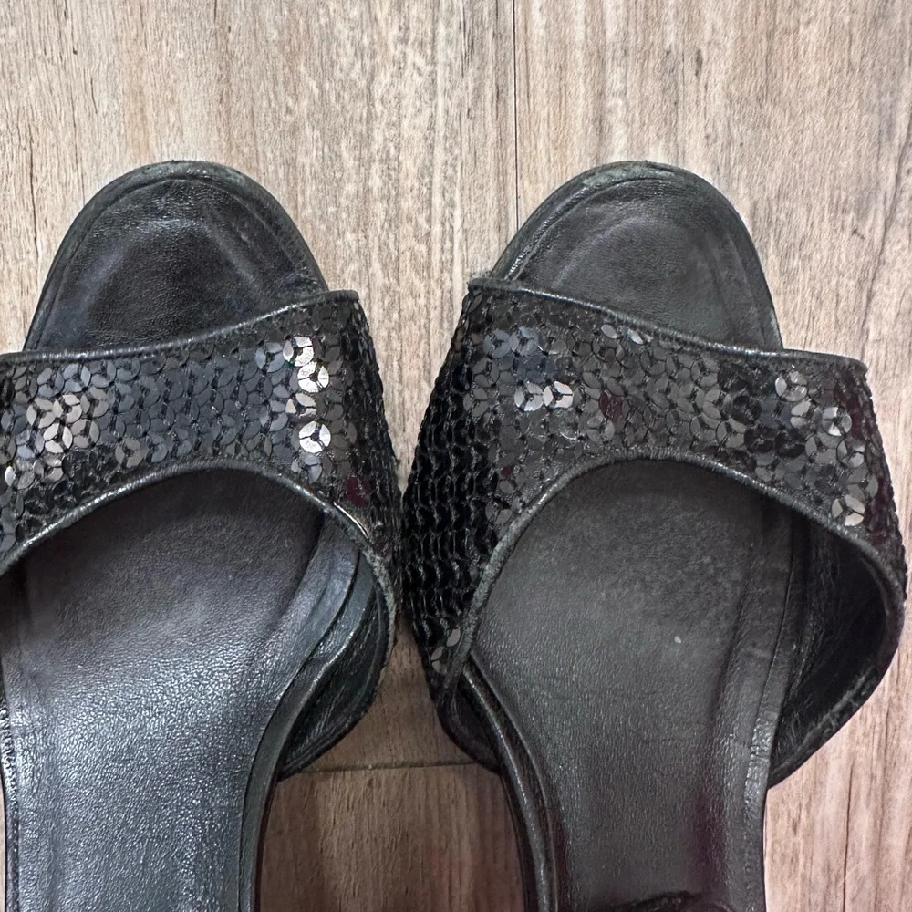 Manolo Blahnik Caldo Sequined Black Ankle Strap Peep Toe Stiletto Heels